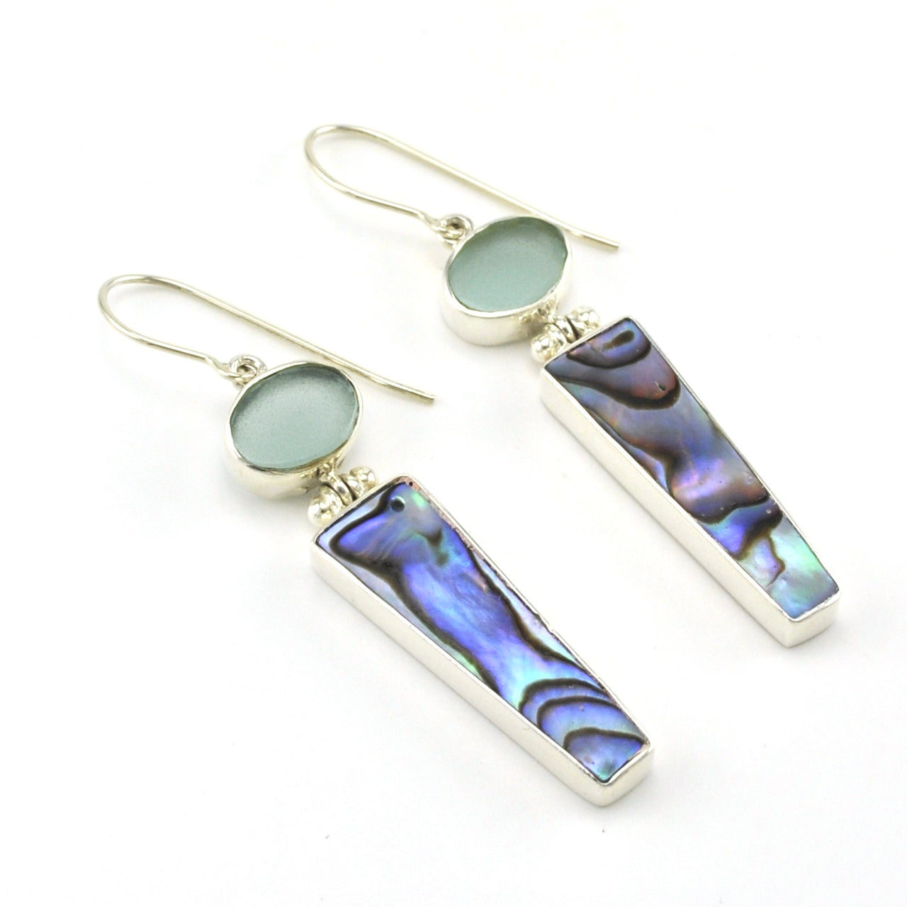 Sterling Silver Aqua Sea Glass Abalone Earrings