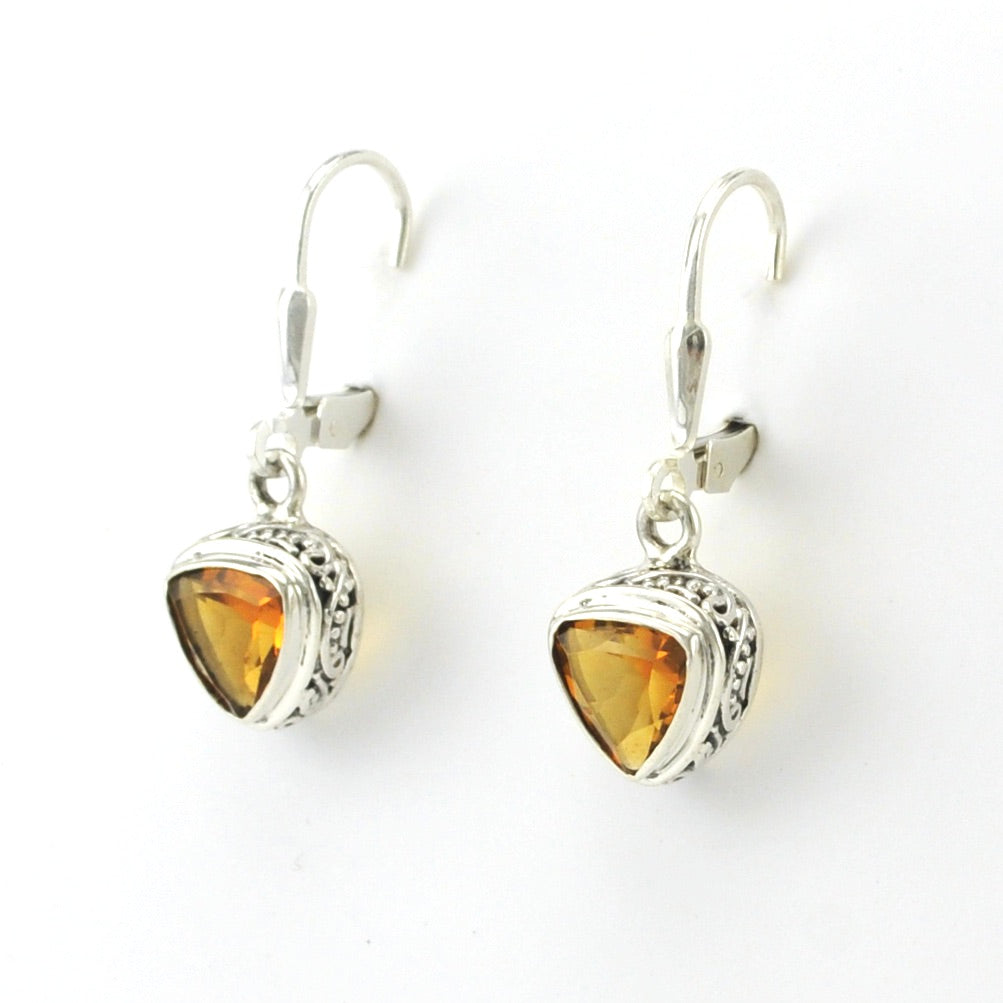 Sterling Silver Citrine 8mm Trillion Bali Dangle Earrings
