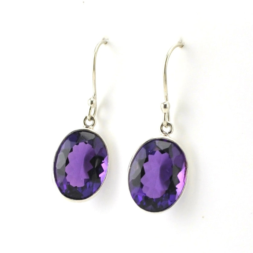 Side View Sterling Silver Amethyst Oval Dangle Earrings