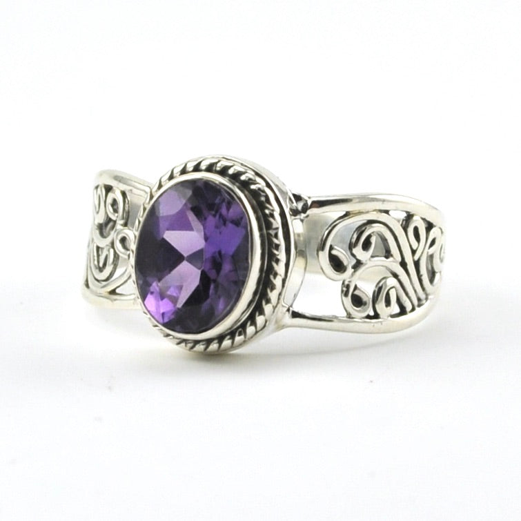 Sterling Silver Amethyst 6x8mm Scroll Ring