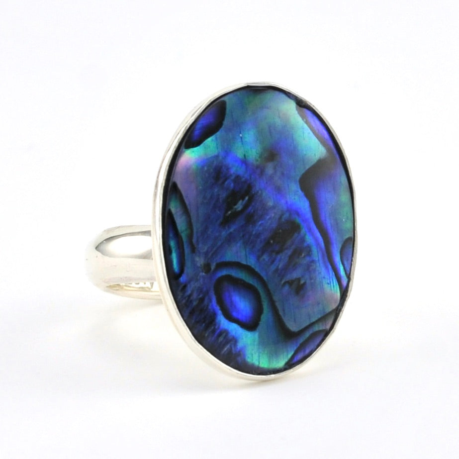 Side View Silver Blue Abalone Oval Adjustable Ring