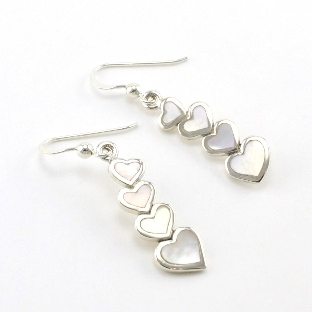 Sterling Silver Mother of Pearl 4 Heart Dangle Earrings