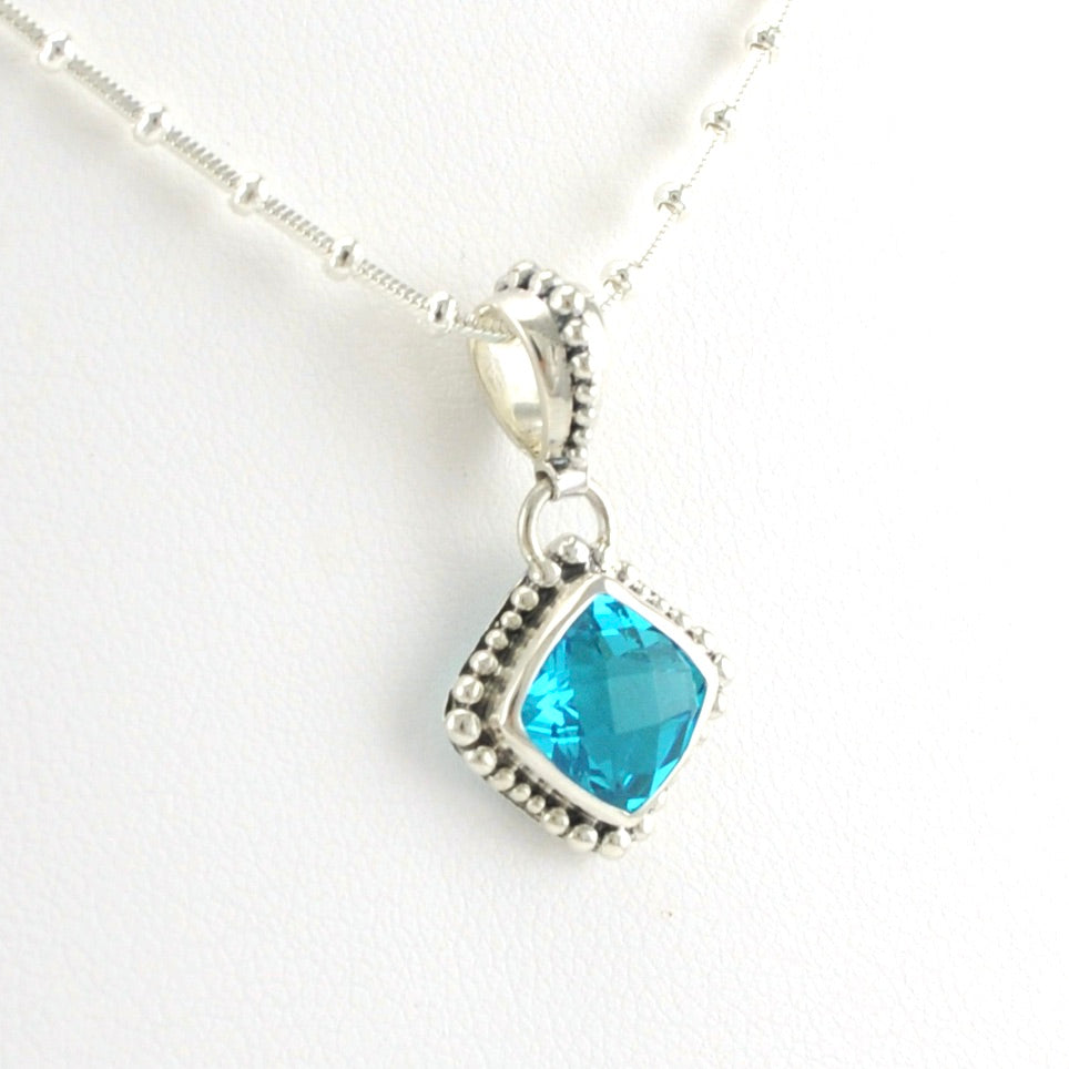 Side View Sterling Silver Paraiba Quartz 8mm Offset Square Beaded Necklace