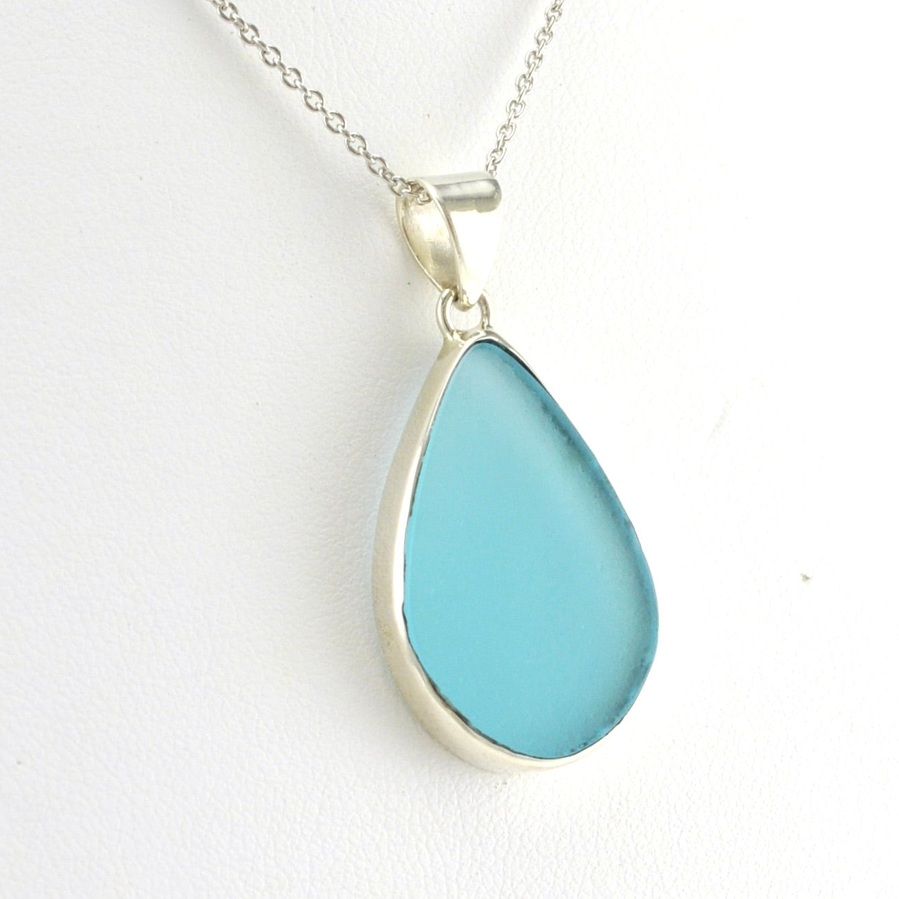 Side View Sterling Silver Aqua Sea Glass Necklace
