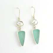 Side View Sterling Silver Pearl Aqua Sea Glass Dangle Earrings