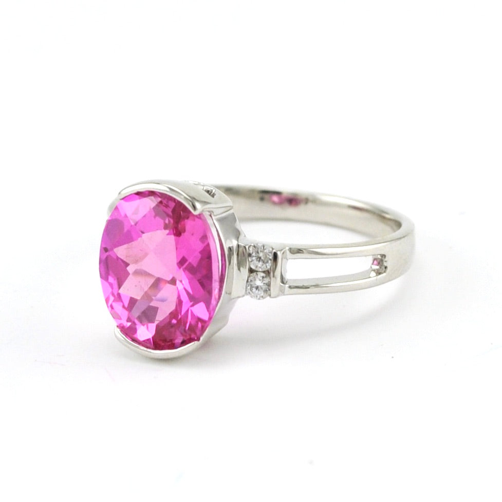 Side View Sterling Silver Created Pink Sapphire 3.5ct Oval CZ Ring