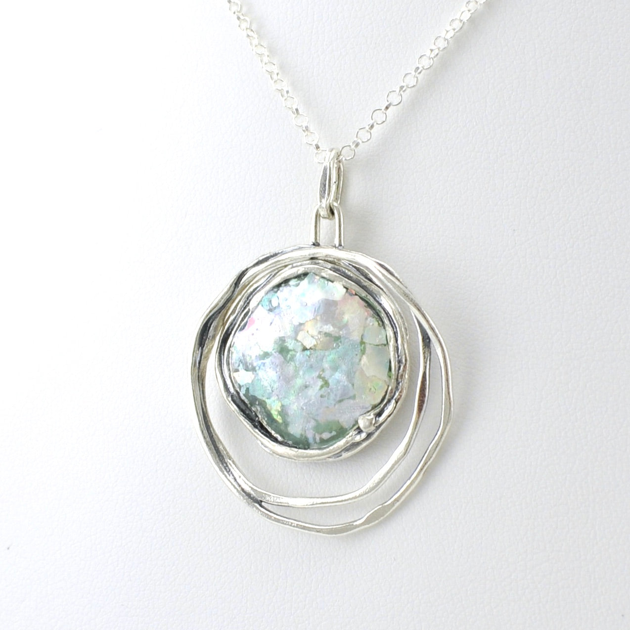Side Veiw Sterling Silver Ancient Roman Glass Double Circle Necklace