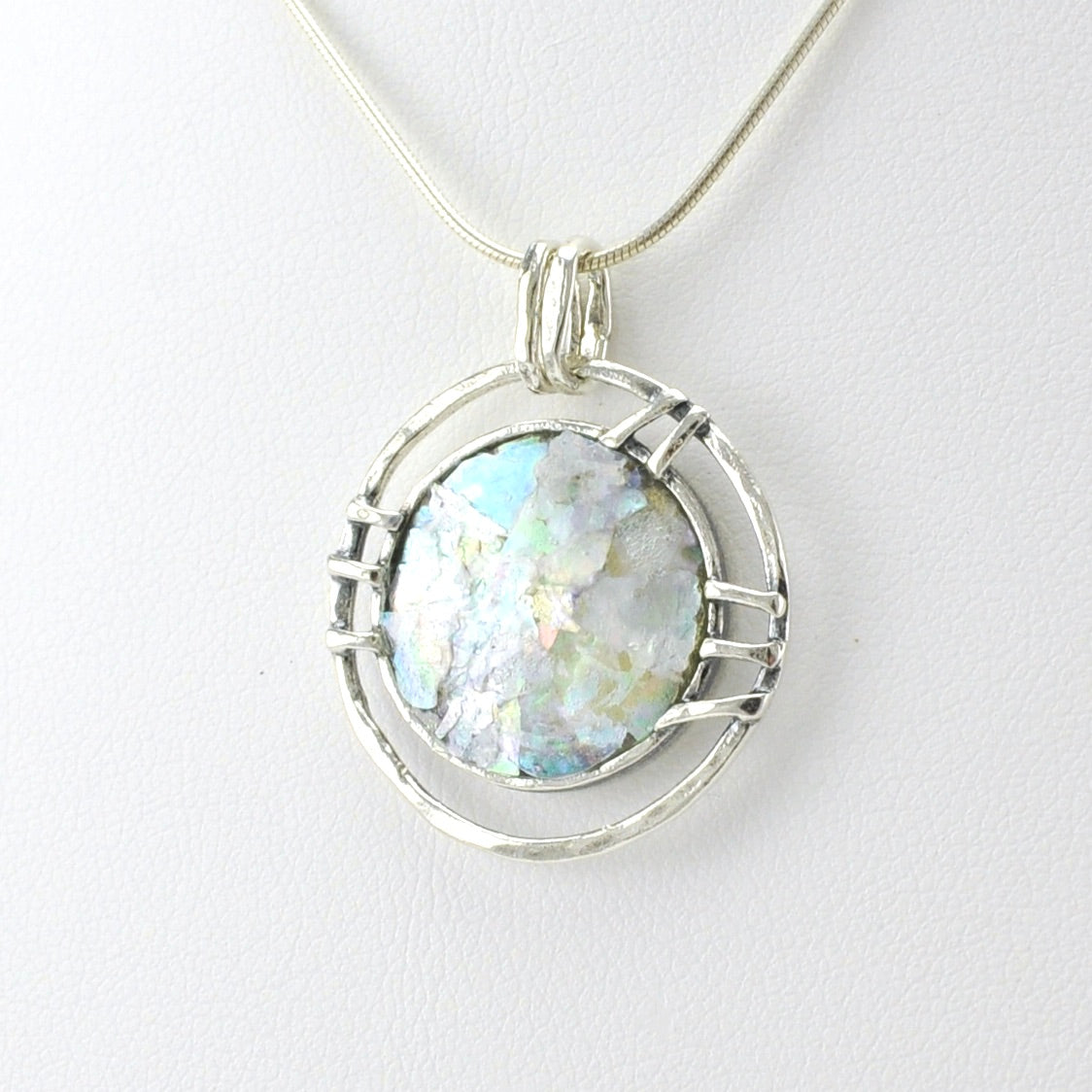 Side View Sterling Silver Roman Glass Round Necklace