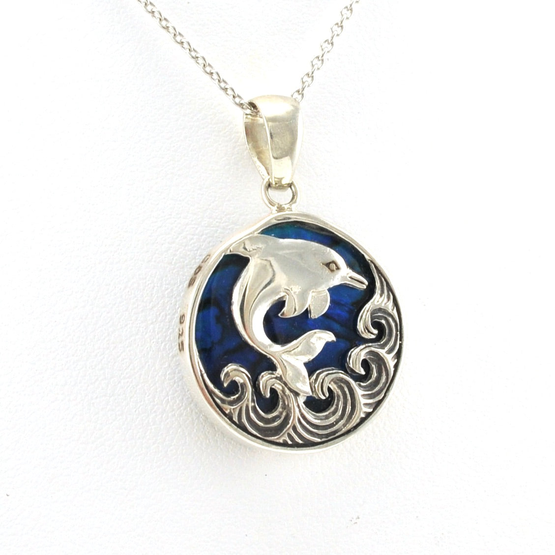 Alt View Sterling Silver Blue Abalone Dolphin on Wave Necklace
