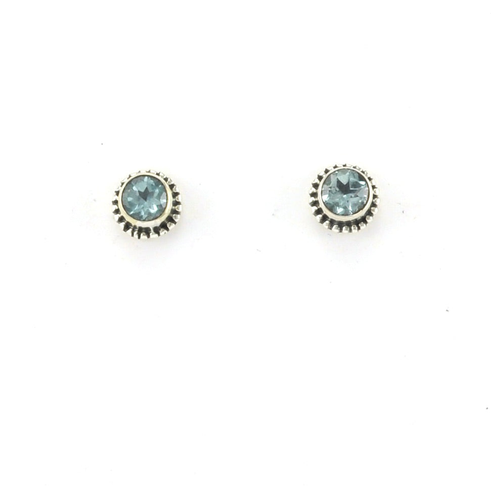 Front View Sterling Silver Blue Topaz Round Stud Earrings