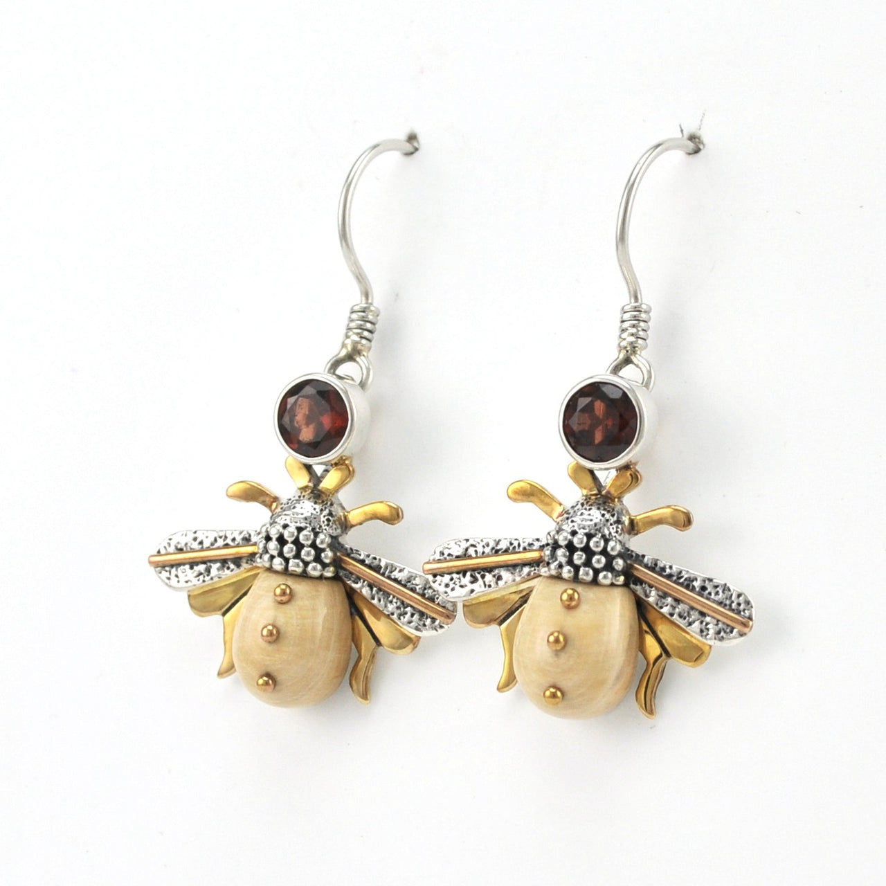 Sterling Silver Fossil Ivory Garnet Bee Earrings