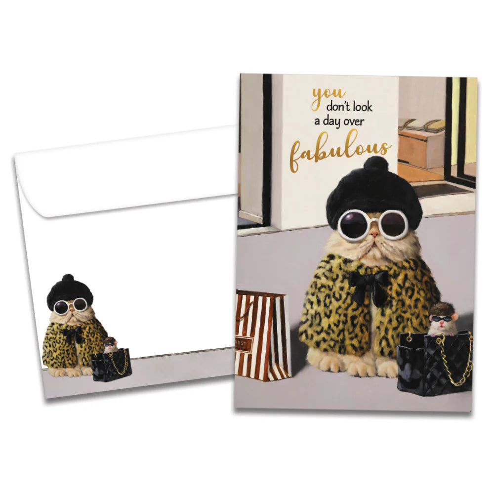 Greeting card with a stylish cat in a leopard print coat and sunglasses, accompanied by an envelope.