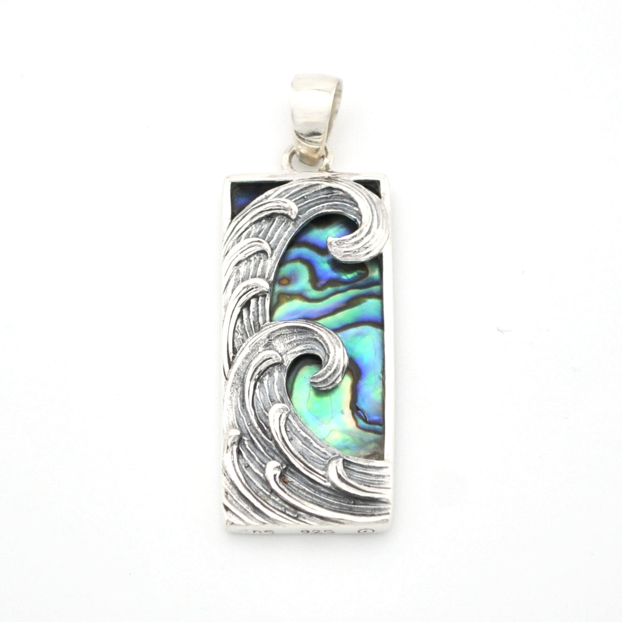 Pendant with wave design and abalone shell inlay on a white background