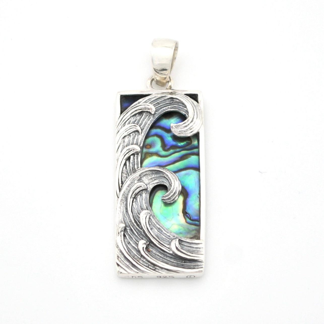 Pendant with wave design and abalone shell inlay on a white background