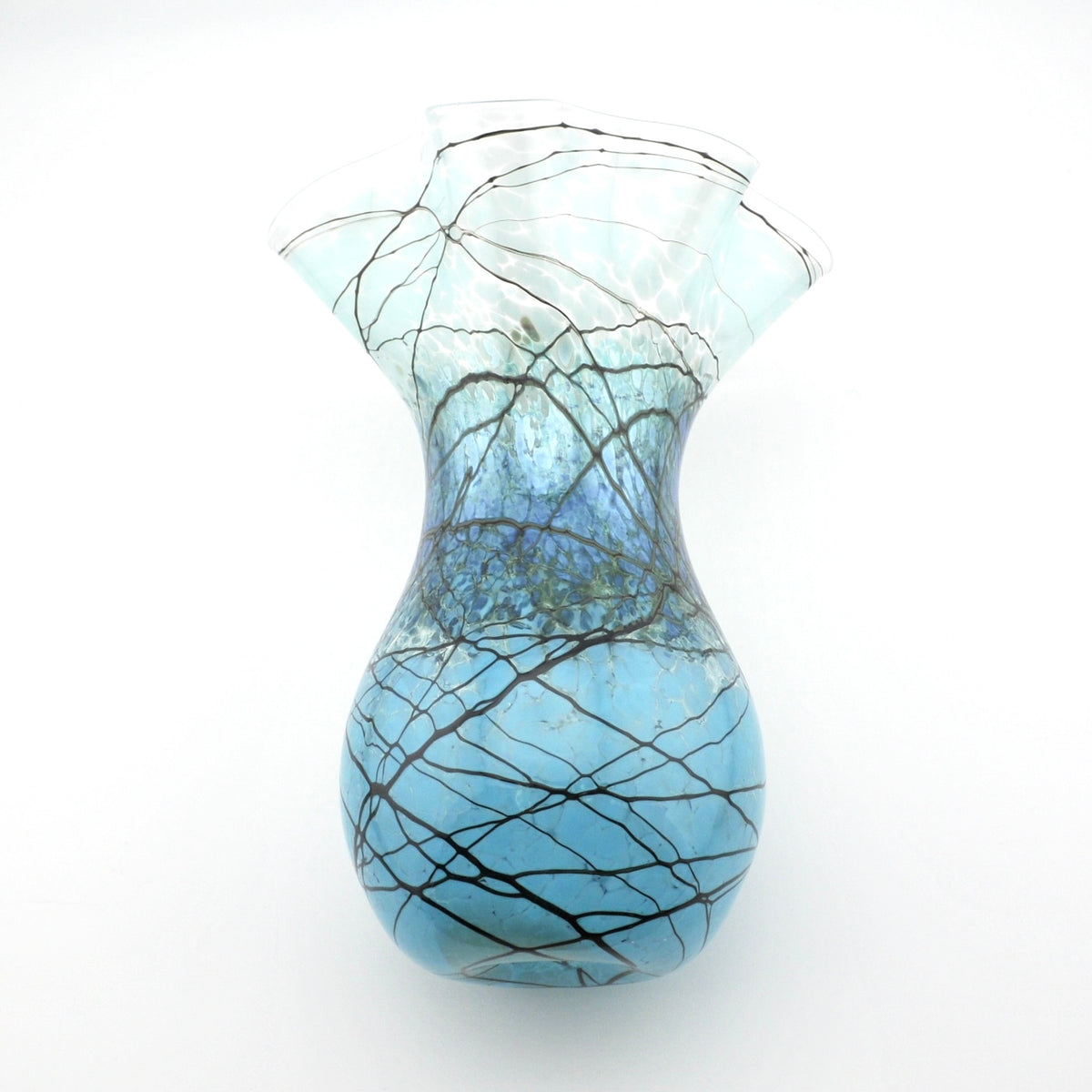 A light blue glass vase with a bulbous base and flared rim, decorated with black and brown organic web-like lines, shown on a plain white background.