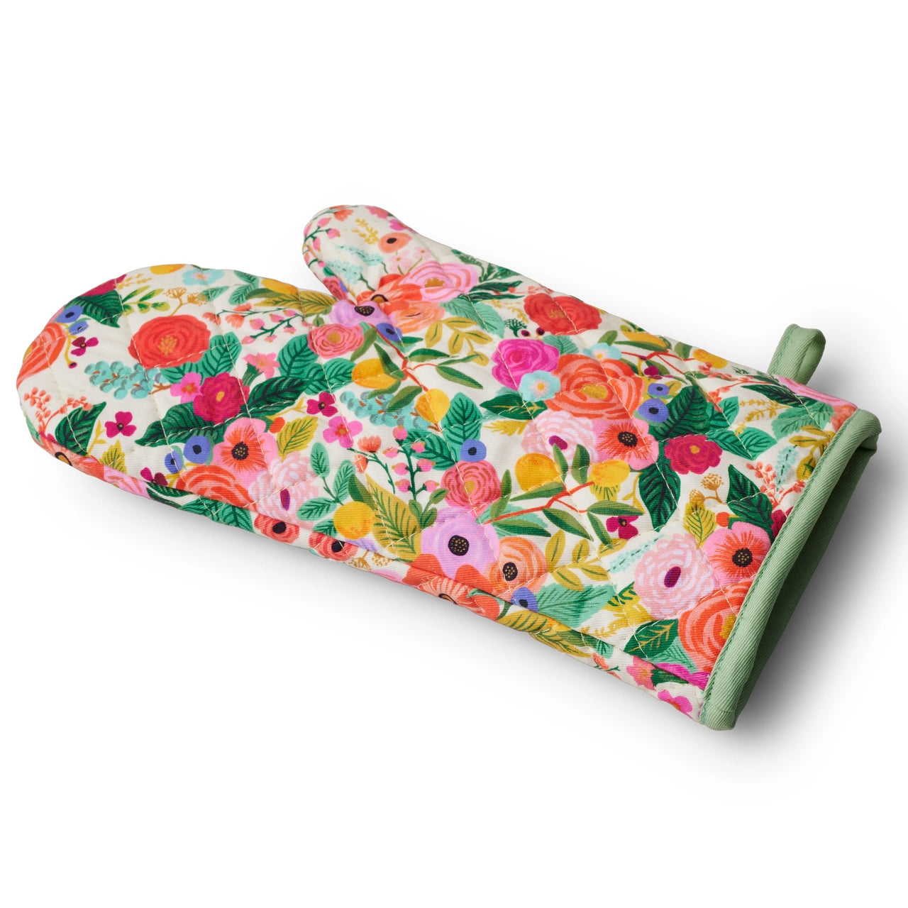 Floral patterned oven mitt on a white background