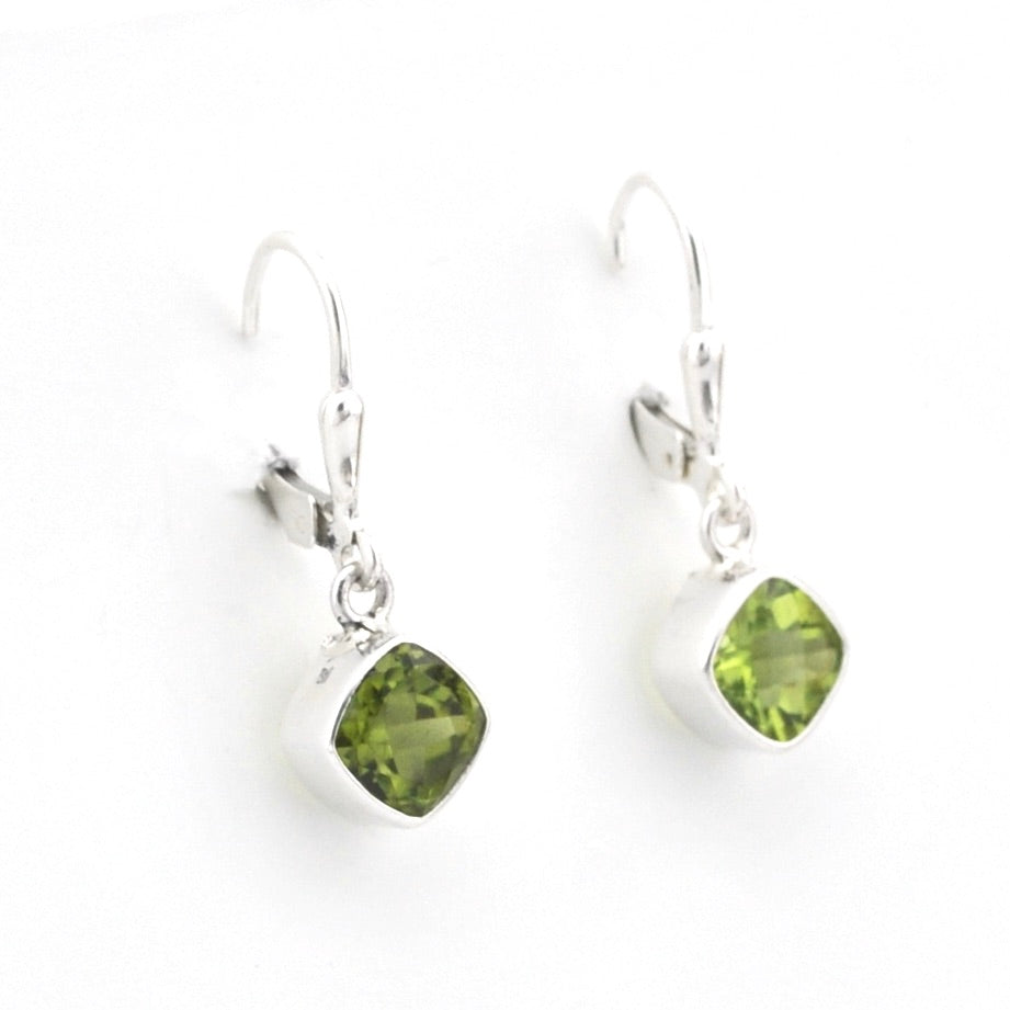 Pair of green gemstone earrings on a white background