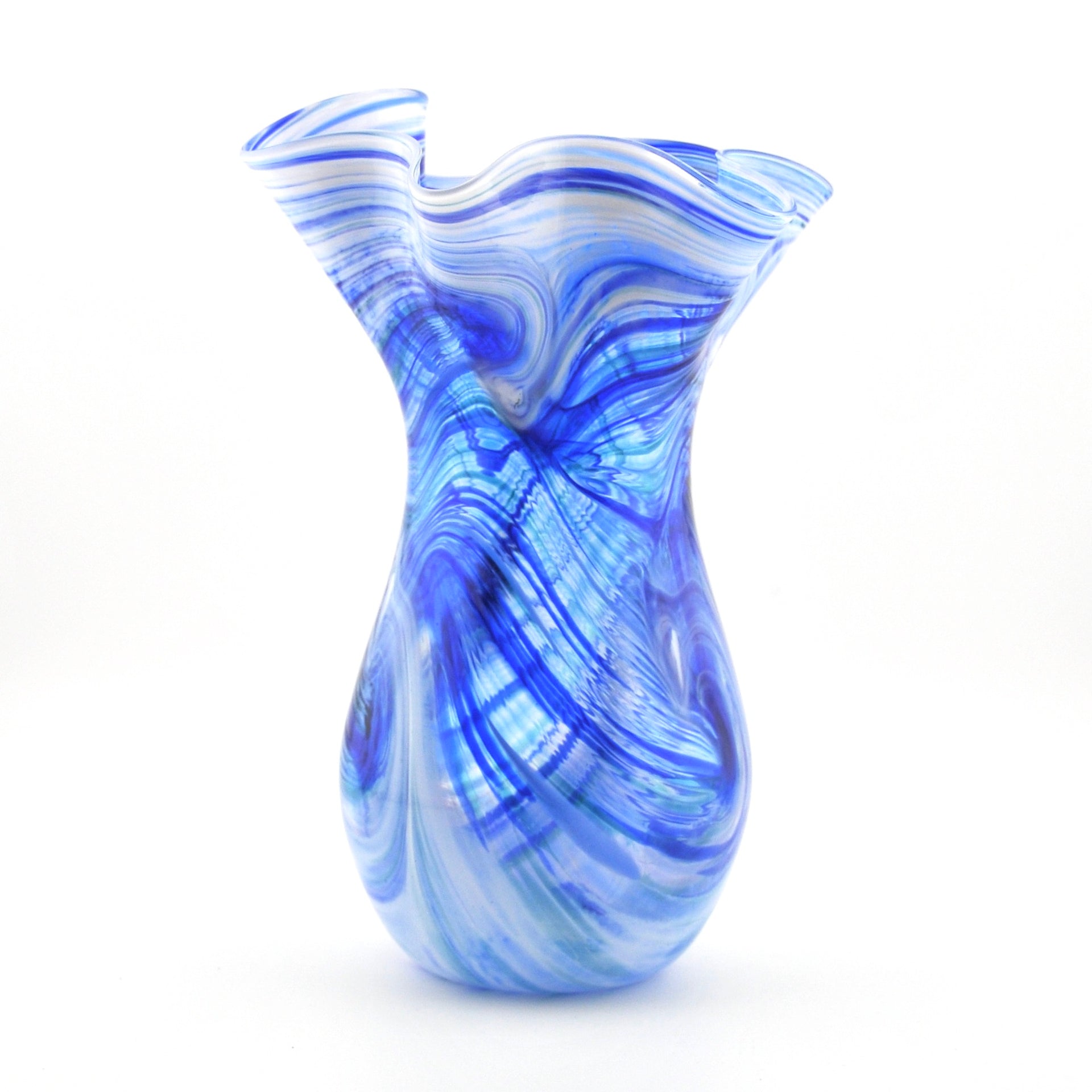 Blue and white swirled glass vase on a white background