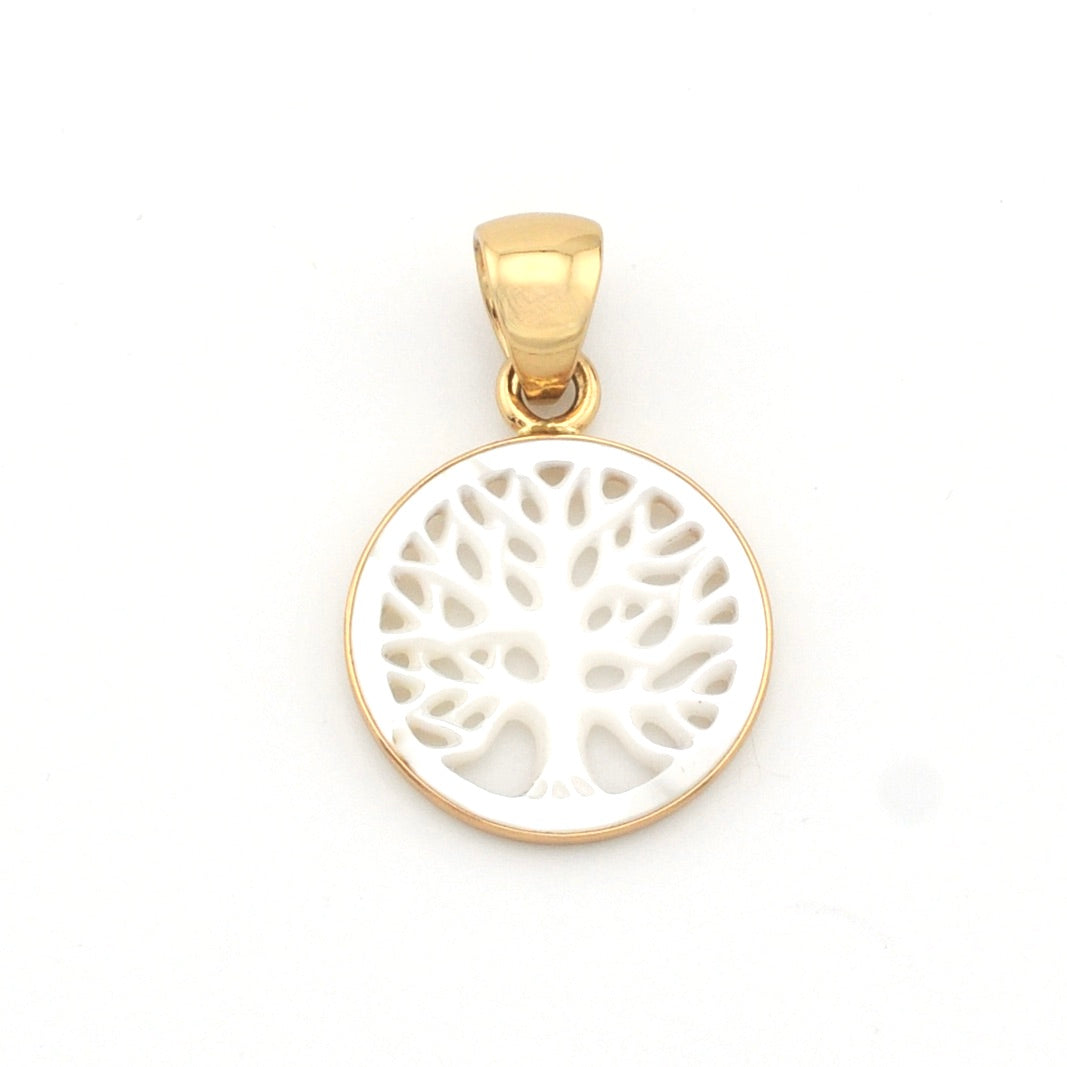 Gold pendant with a white tree-like design on a white background