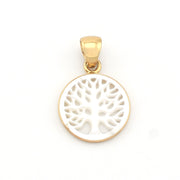 Gold pendant with a white tree-like design on a white background