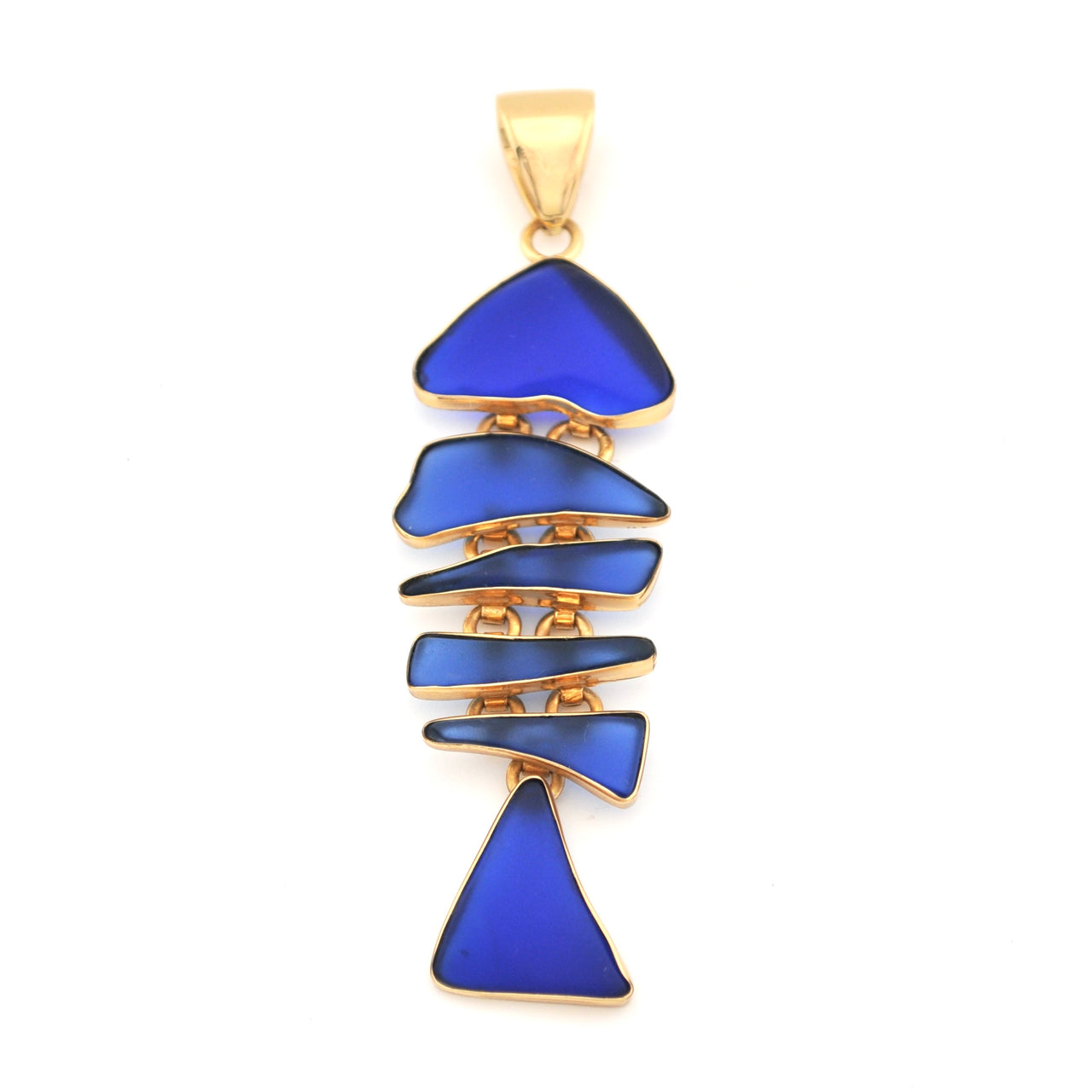 Blue pendant with gold chain on a white background