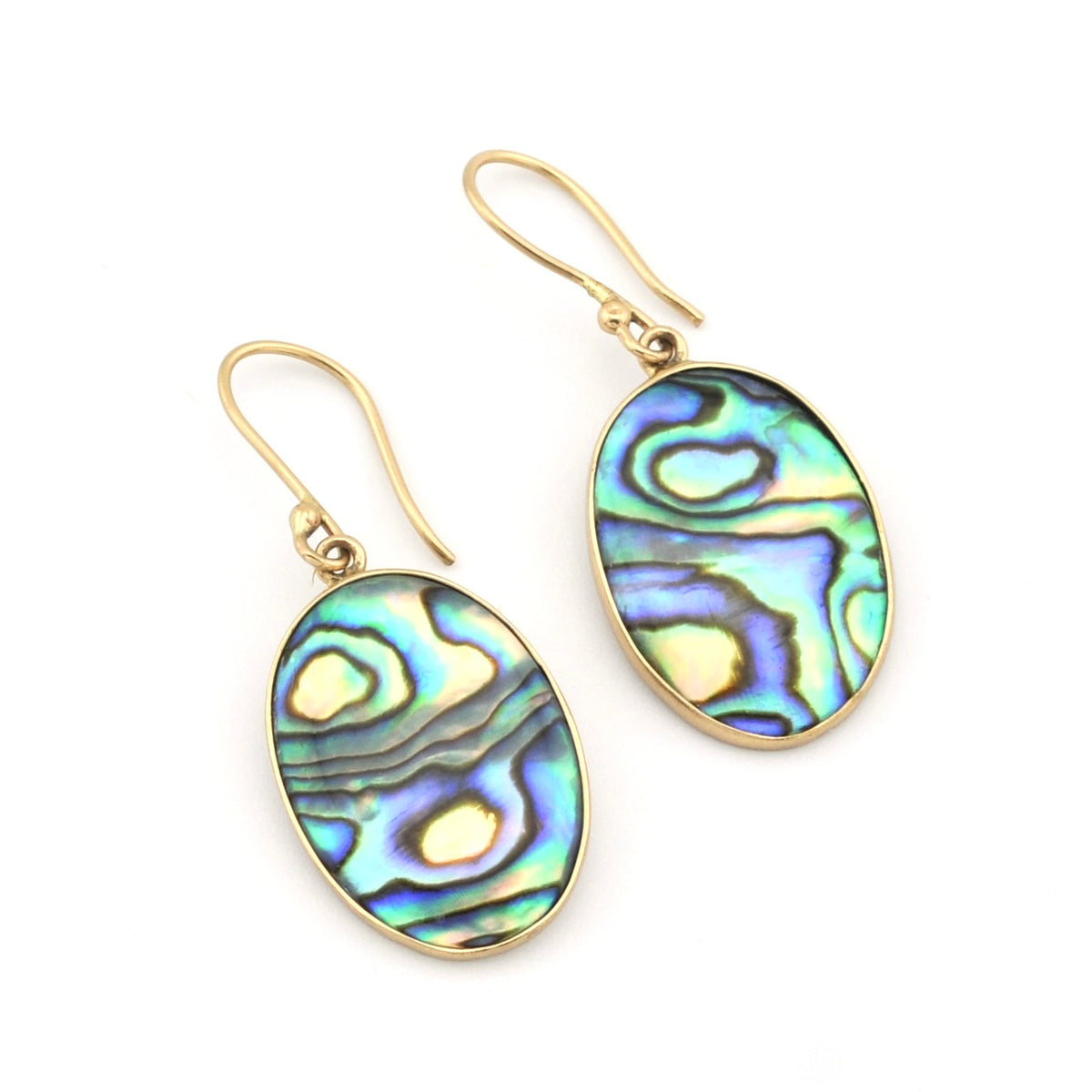 Abalone Oval Dangle Earrings on white background.