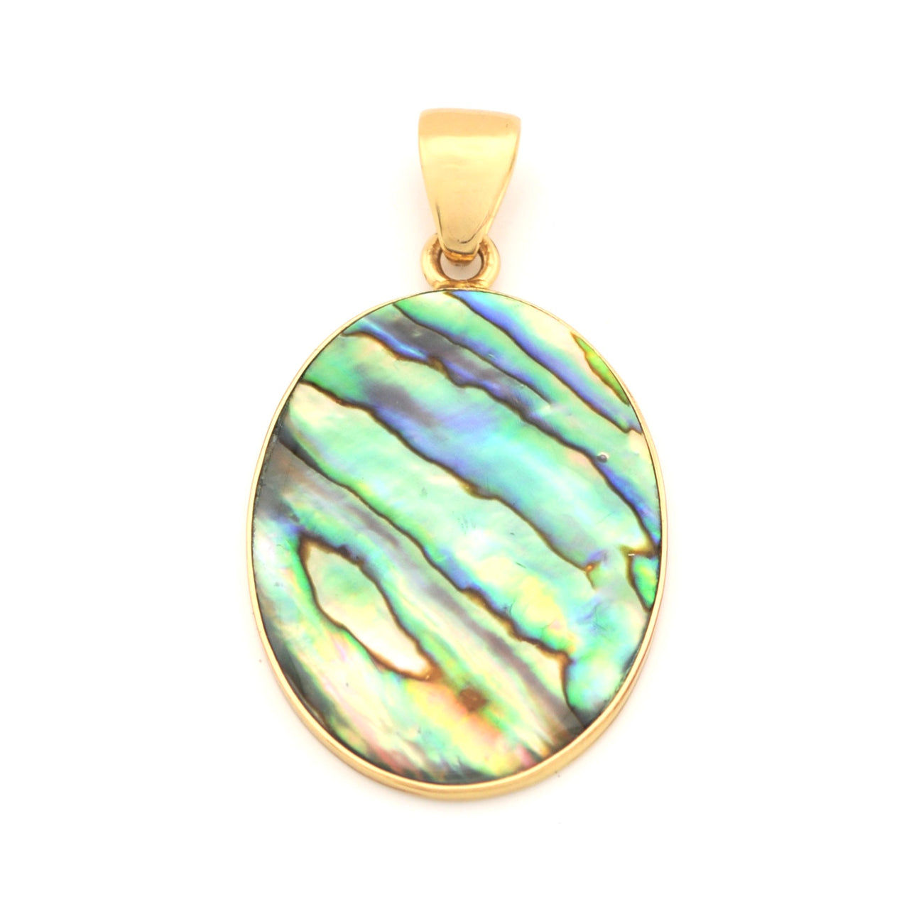 Gold pendant with a colorful abalone shell insert on a white background