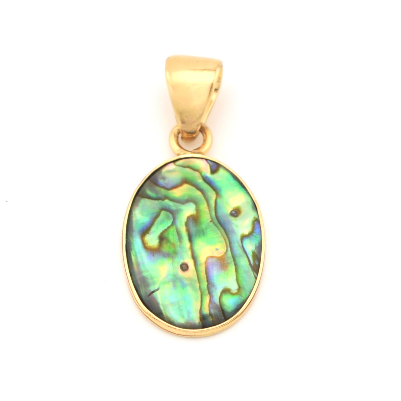 Gold pendant with a colorful stone on a white background