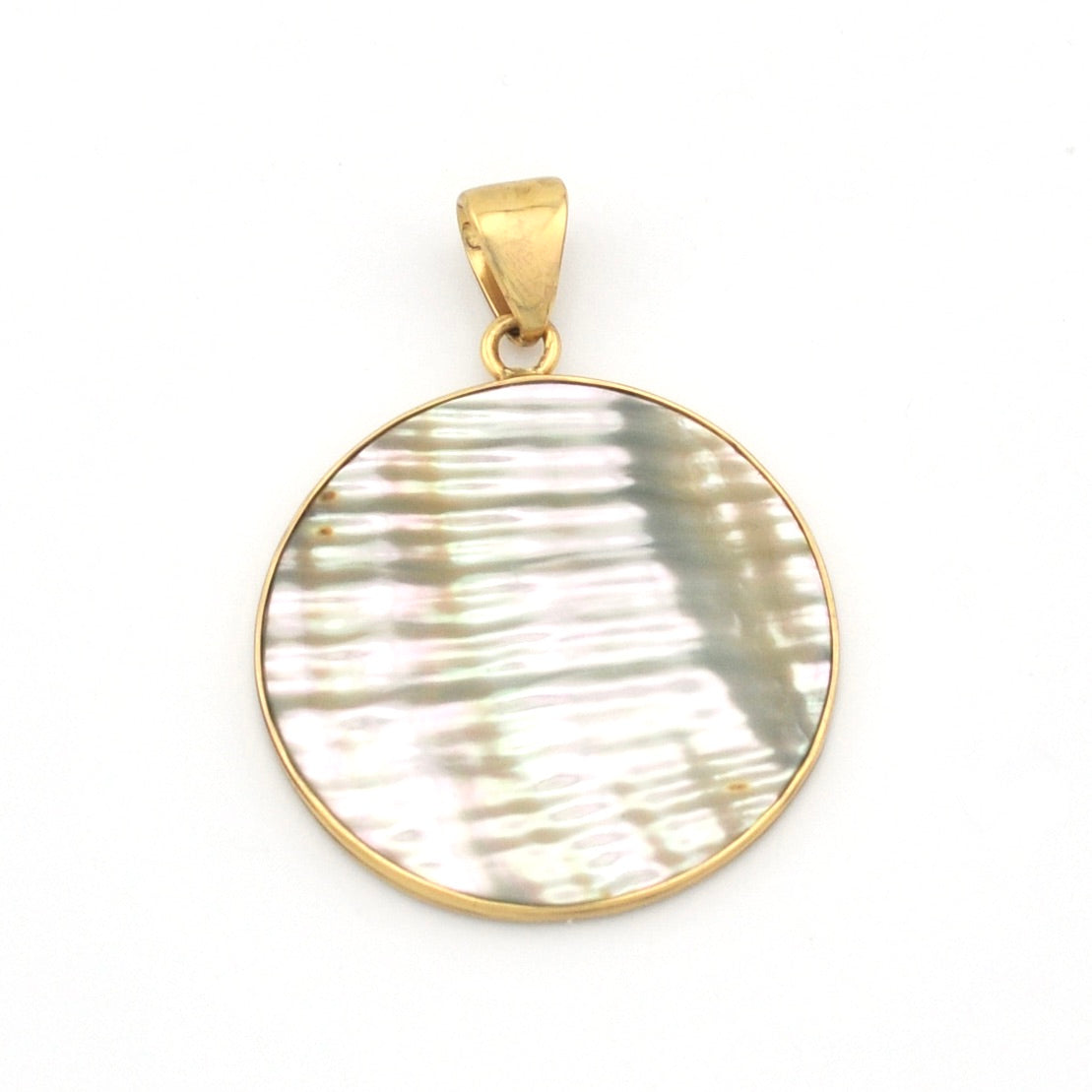 Gold pendant with a circular, textured white stone on a white background