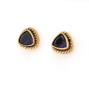 Pair of gold-trimmed purple gemstone earrings on a white background