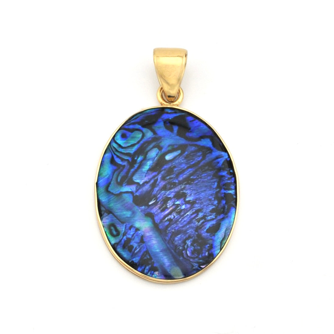 Gold pendant with a blue abalone shell insert on a white background