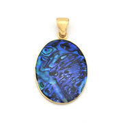 Gold pendant with a blue abalone shell insert on a white background