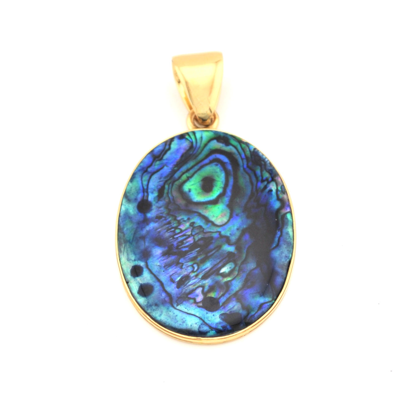 Gold pendant with a colorful, oval-shaped stone on a white background