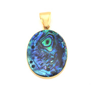 Gold pendant with a colorful, oval-shaped stone on a white background