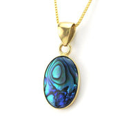 Gold necklace with a colorful pendant on a white background