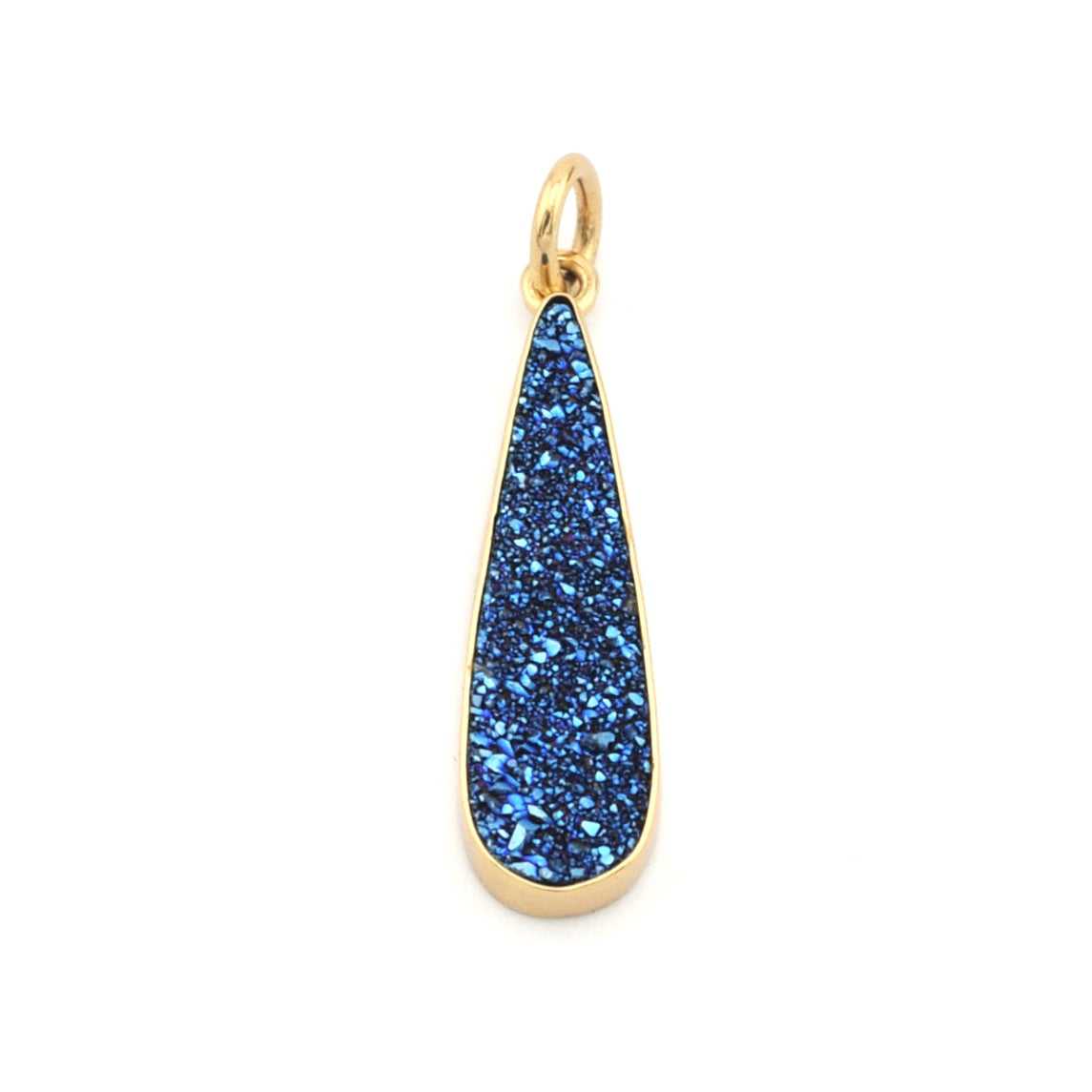 Teardrop-shaped blue pendant with gold setting on a white background