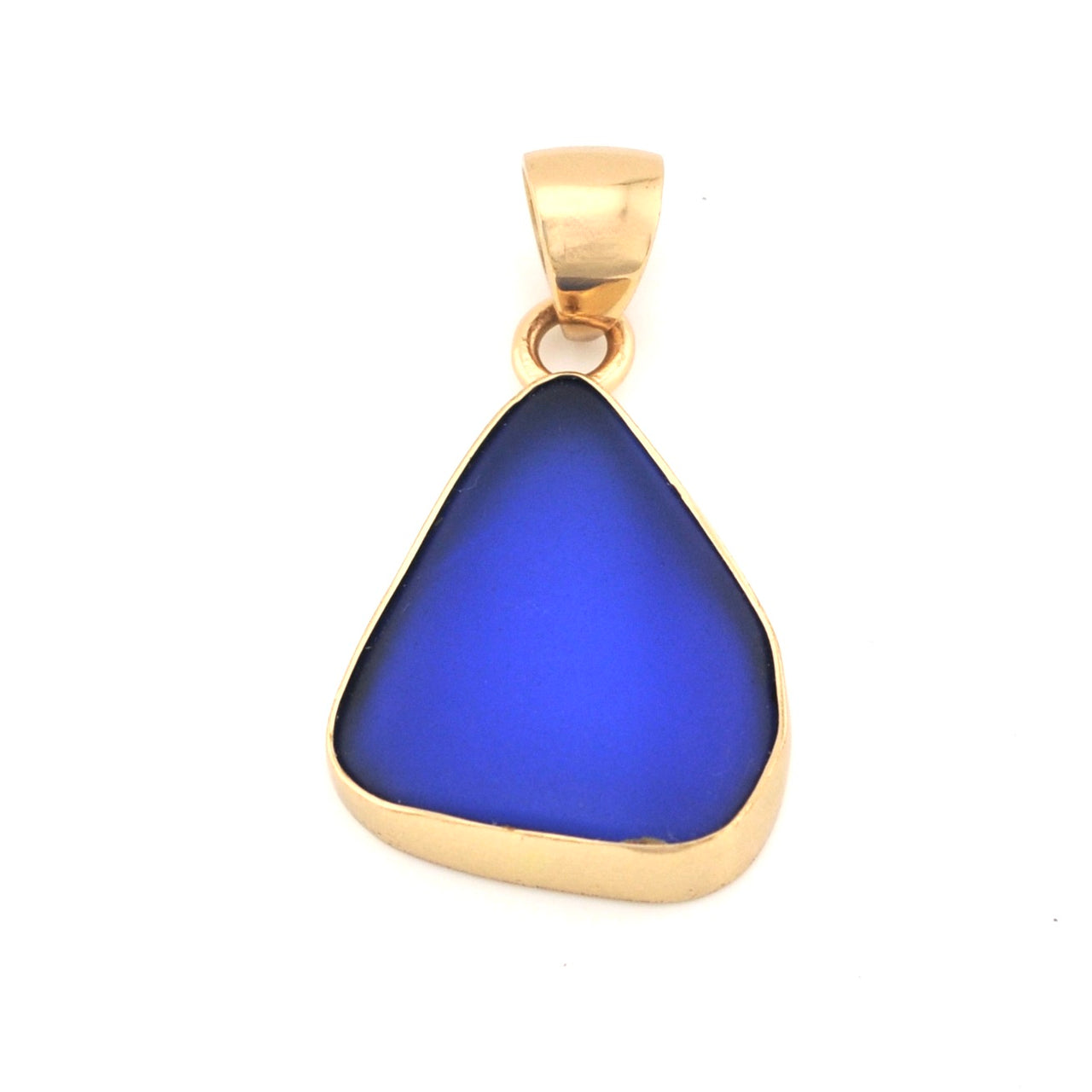 Blue teardrop pendant with gold setting on a white background