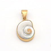Gold pendant with a white shell design on a white background