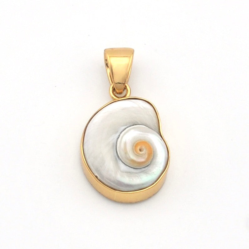 Gold pendant with a white shell design on a white background