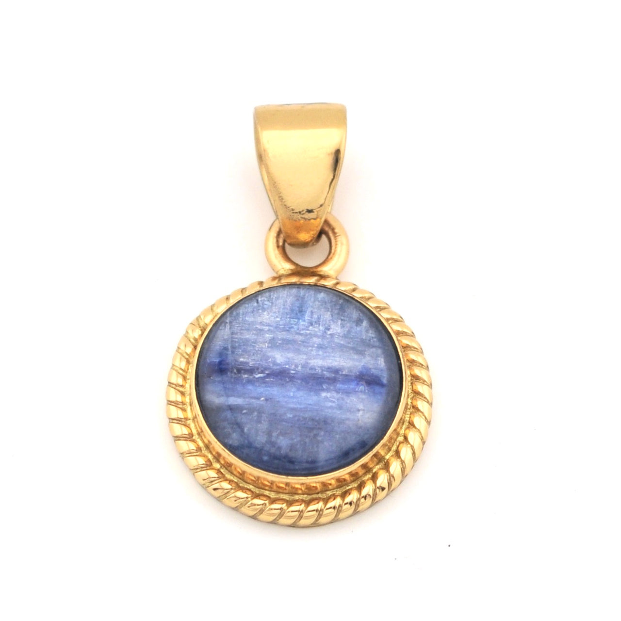 Gold pendant with a blue stone on a white background