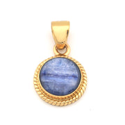 Gold pendant with a blue stone on a white background