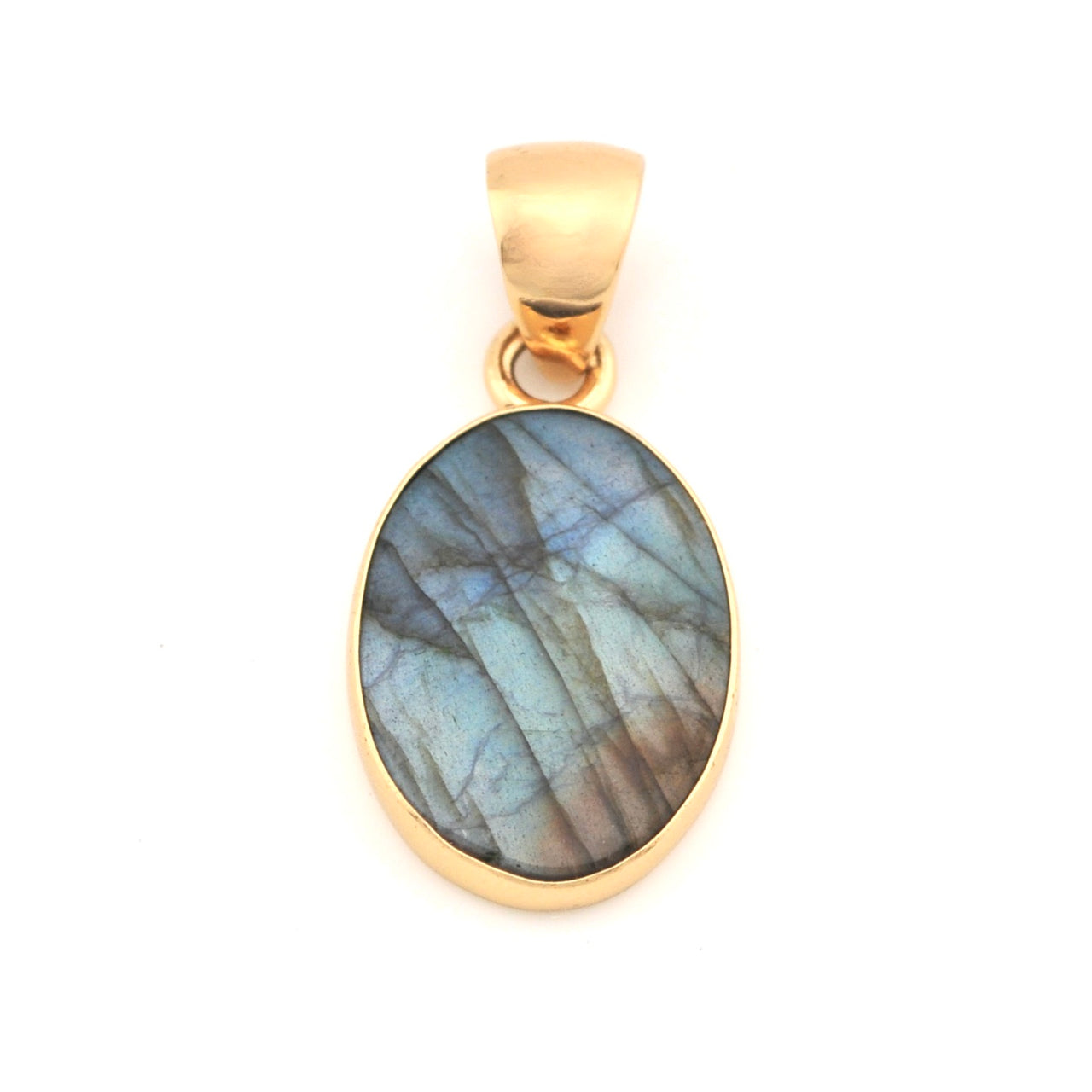 Gold pendant with a labradorite stone on a white background