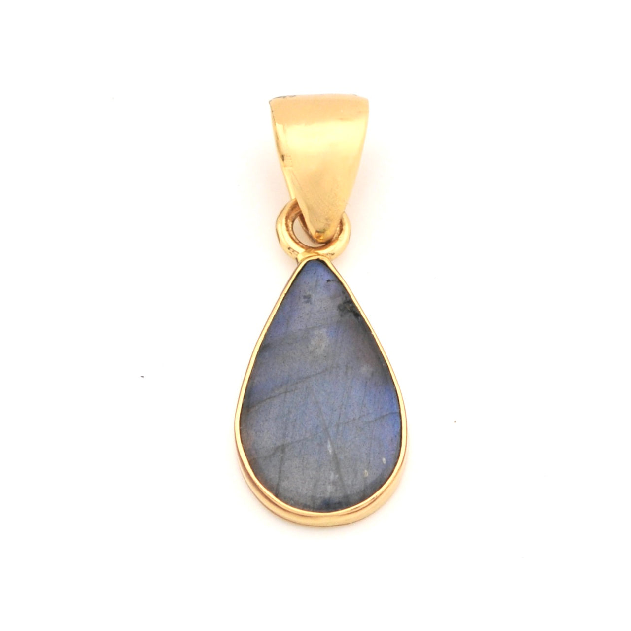 Gold pendant with a blue teardrop-shaped stone on a white background