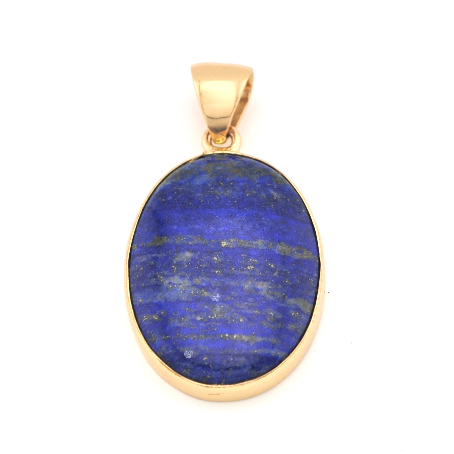 Gold pendant with a blue stone on a white background