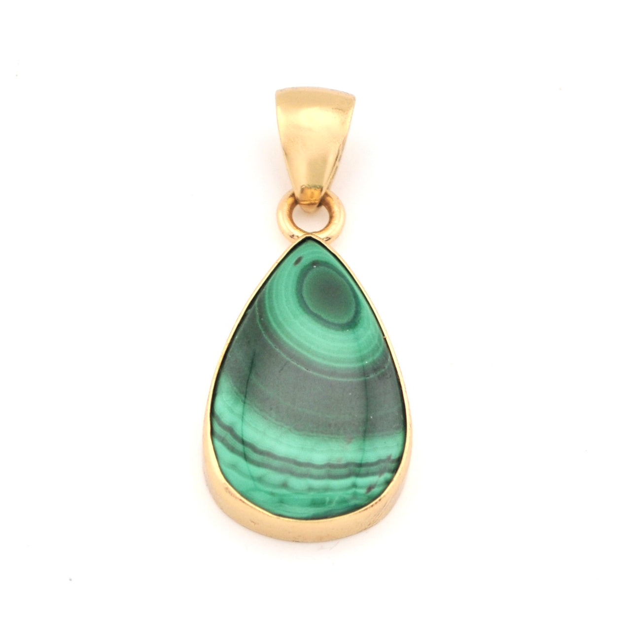 Gold pendant with a green teardrop-shaped stone on a white background