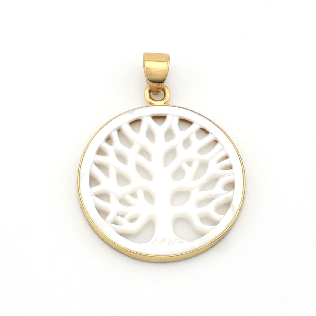 Gold pendant with a white circular design on a white background