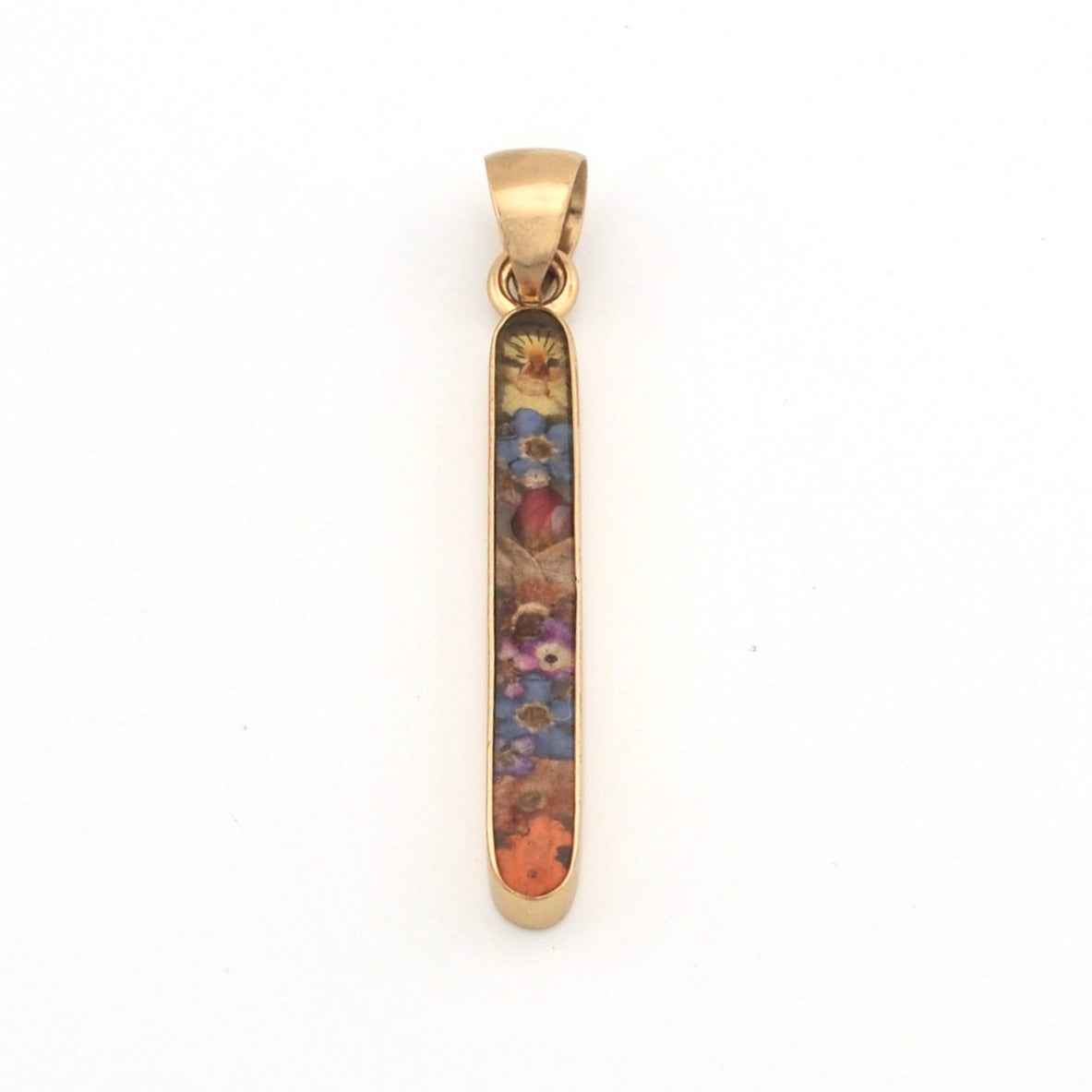Gold pendant with multicolored design on a white background