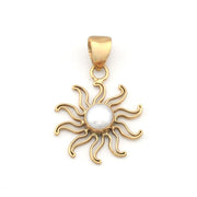 Gold sun-shaped pendant with a pearl center on a white background