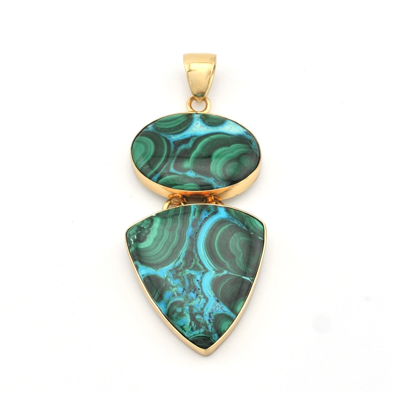 Gold pendant with green marbled stone on a white background