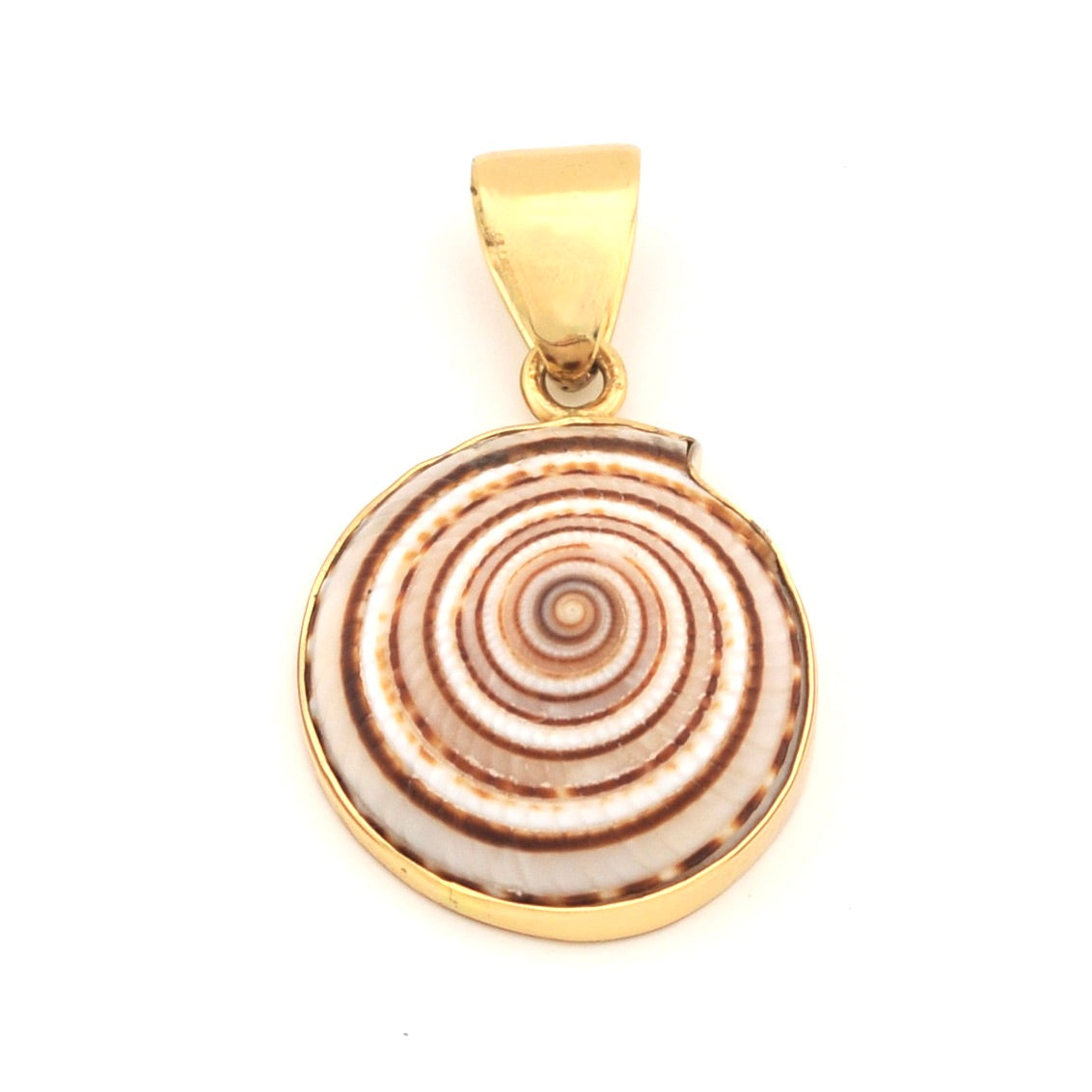 Gold pendant with a circular, spiral design on a white background
